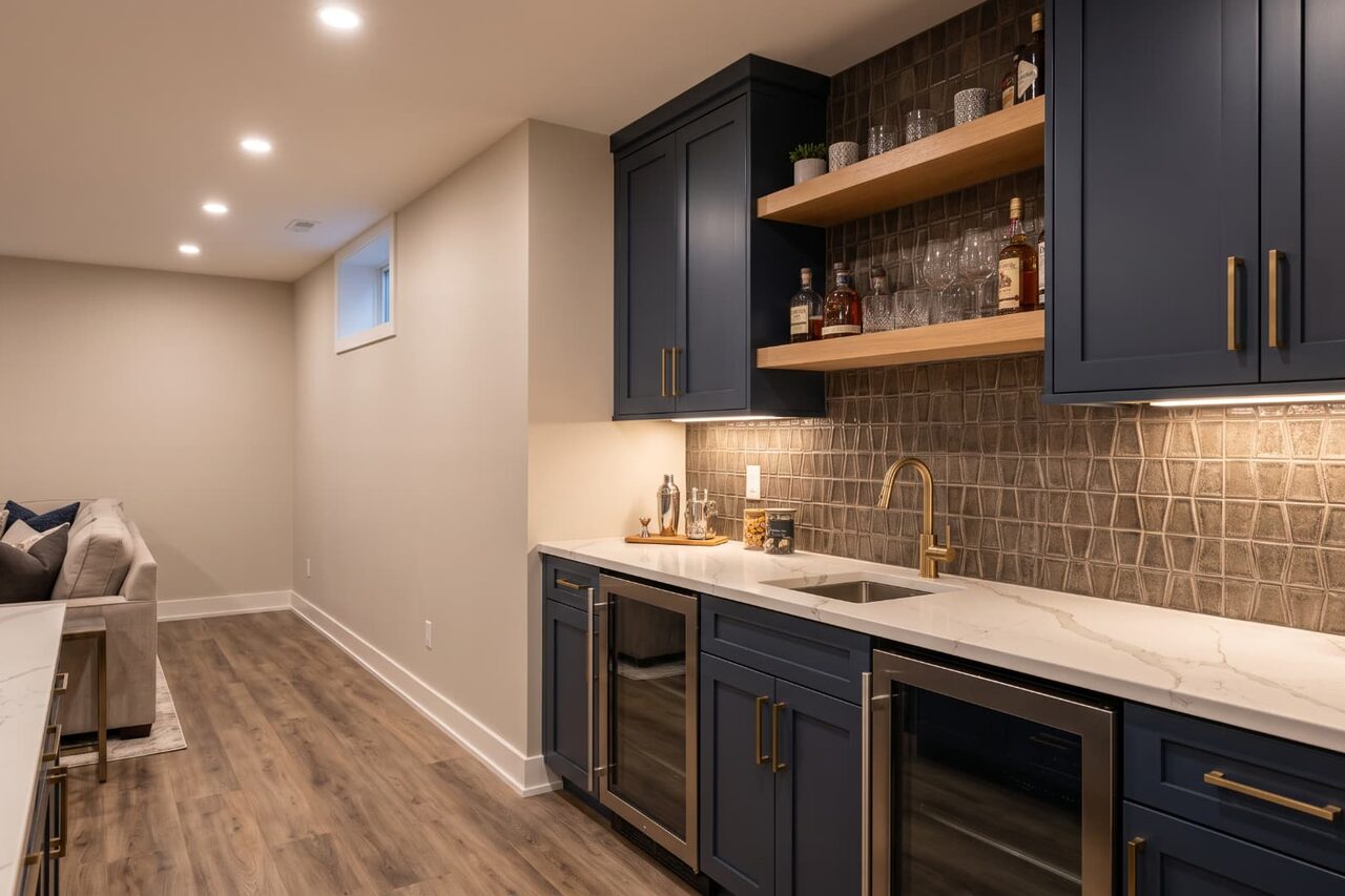 Custom basement wet bar and cabinetry installation in Calgary