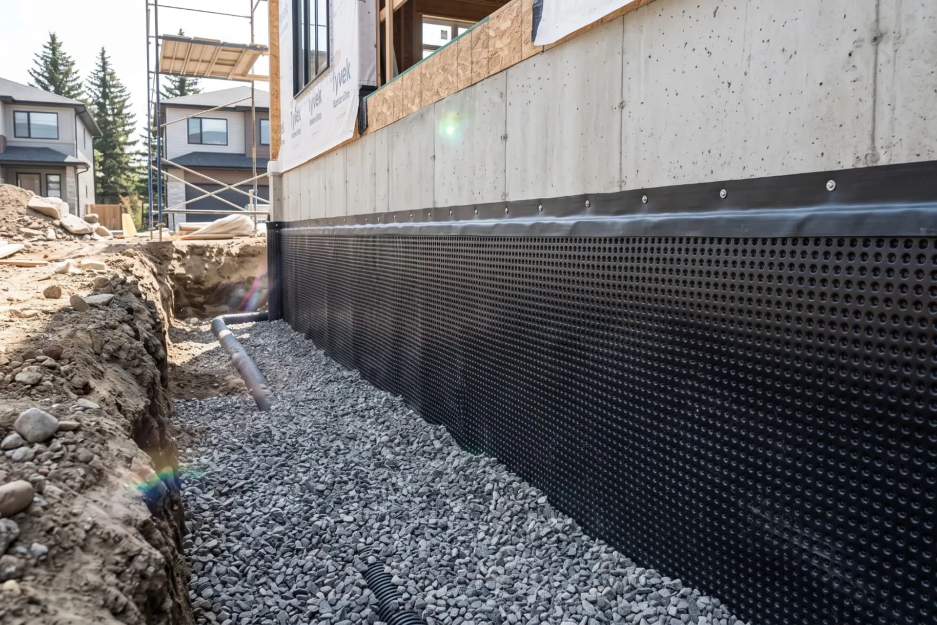 Calgary foundation wall waterproofing membrane and moisture barrier installation
