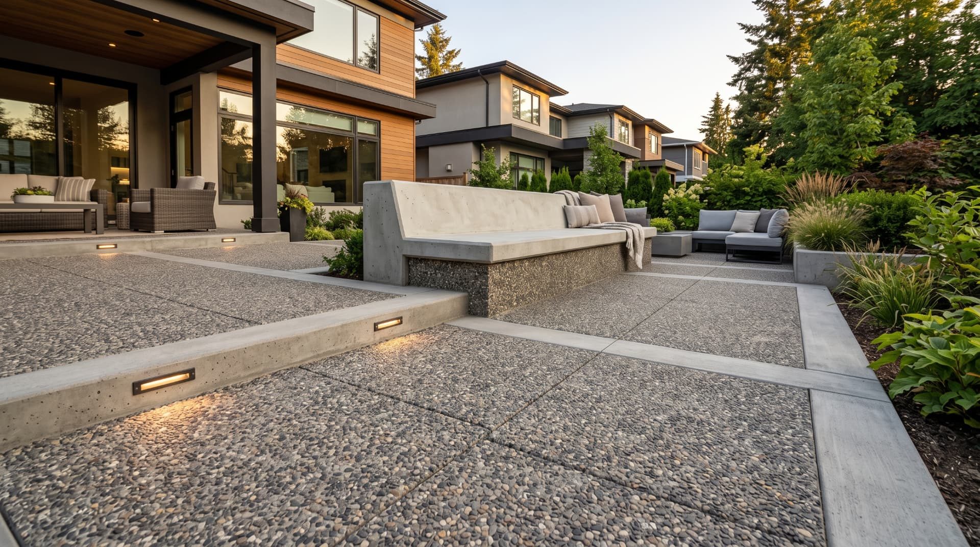 Calgary exposed aggregate concrete patio with integrated seating bench and lighting