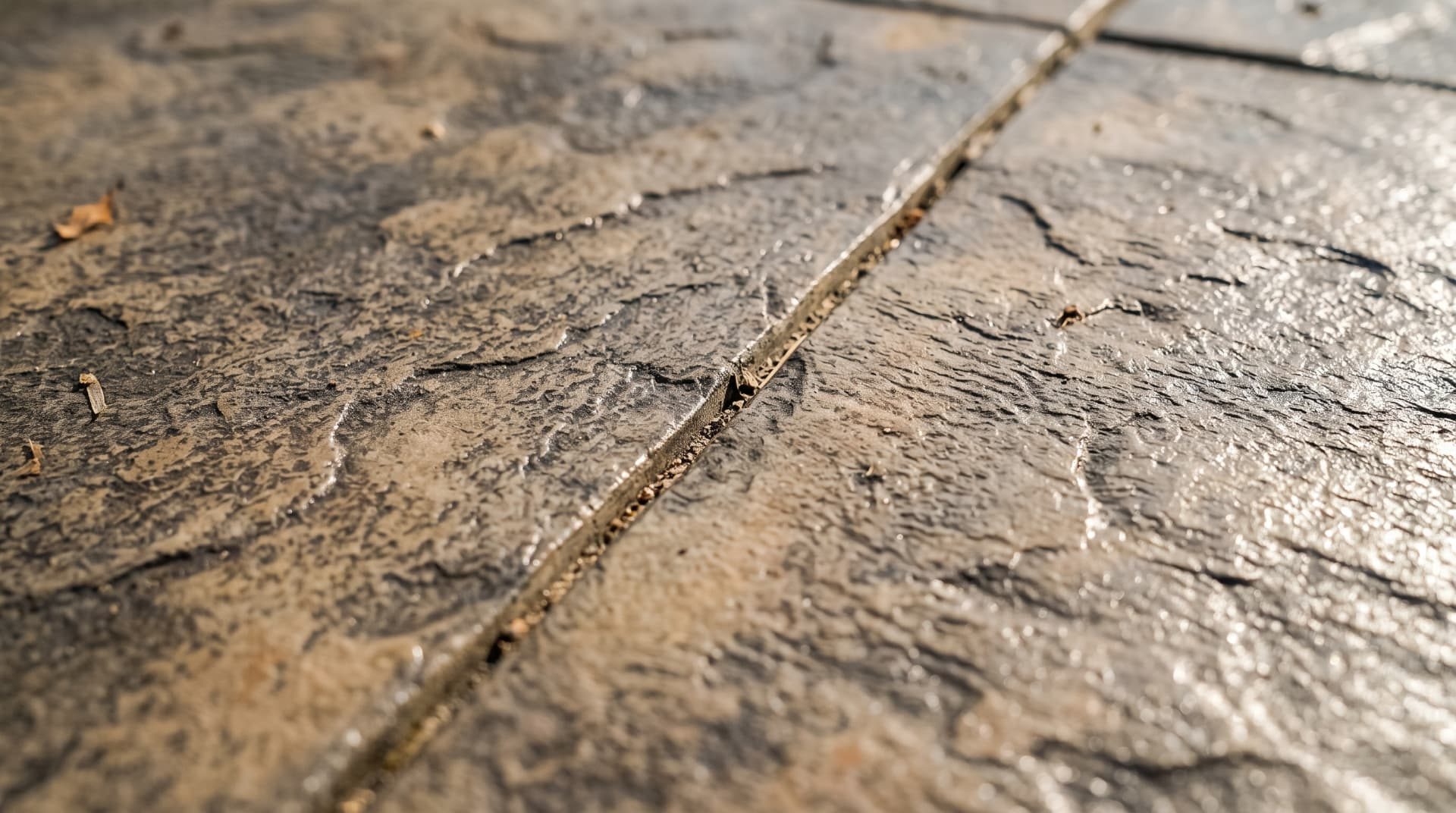 Close-up texture of sealed stamped concrete pattern in Calgary