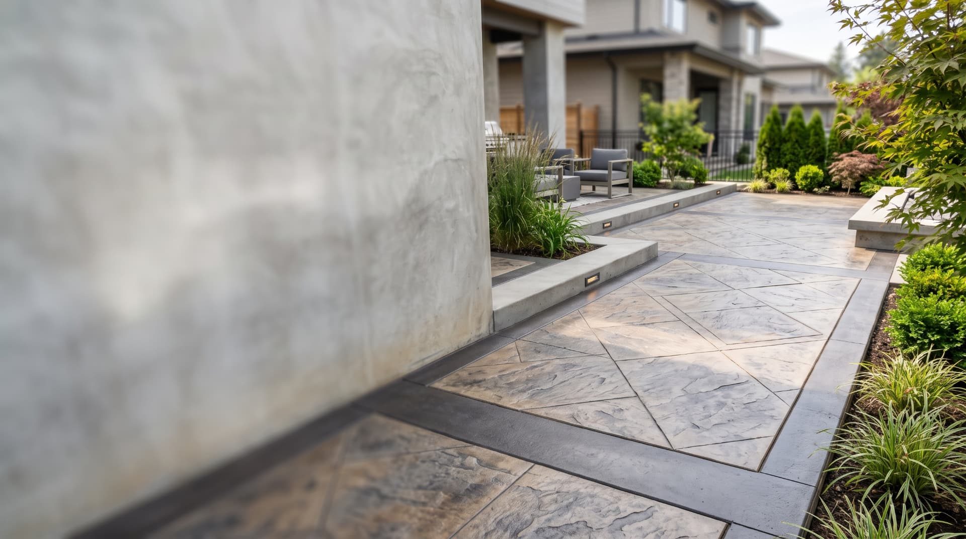 Custom stamped concrete patio grid layout with clean lines in Calgary