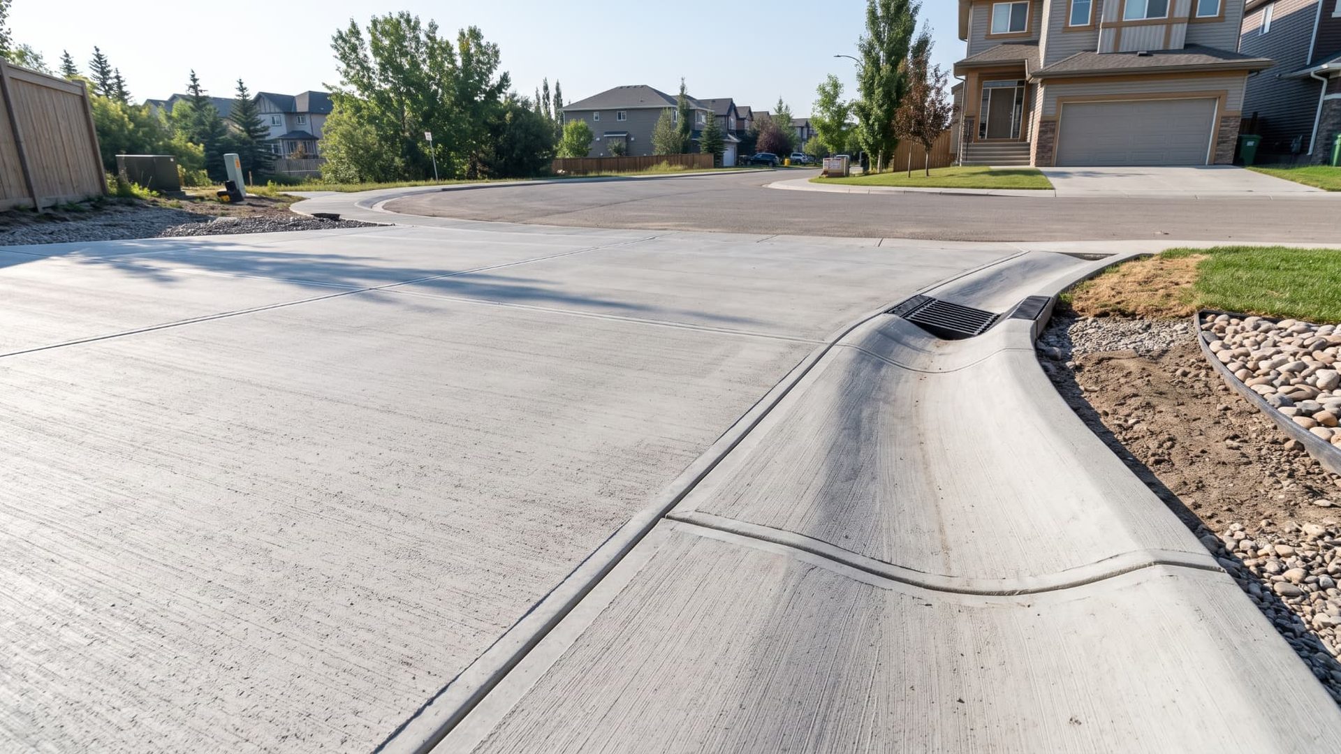Driveway concrete drainage path and curb slope setup in Calgary