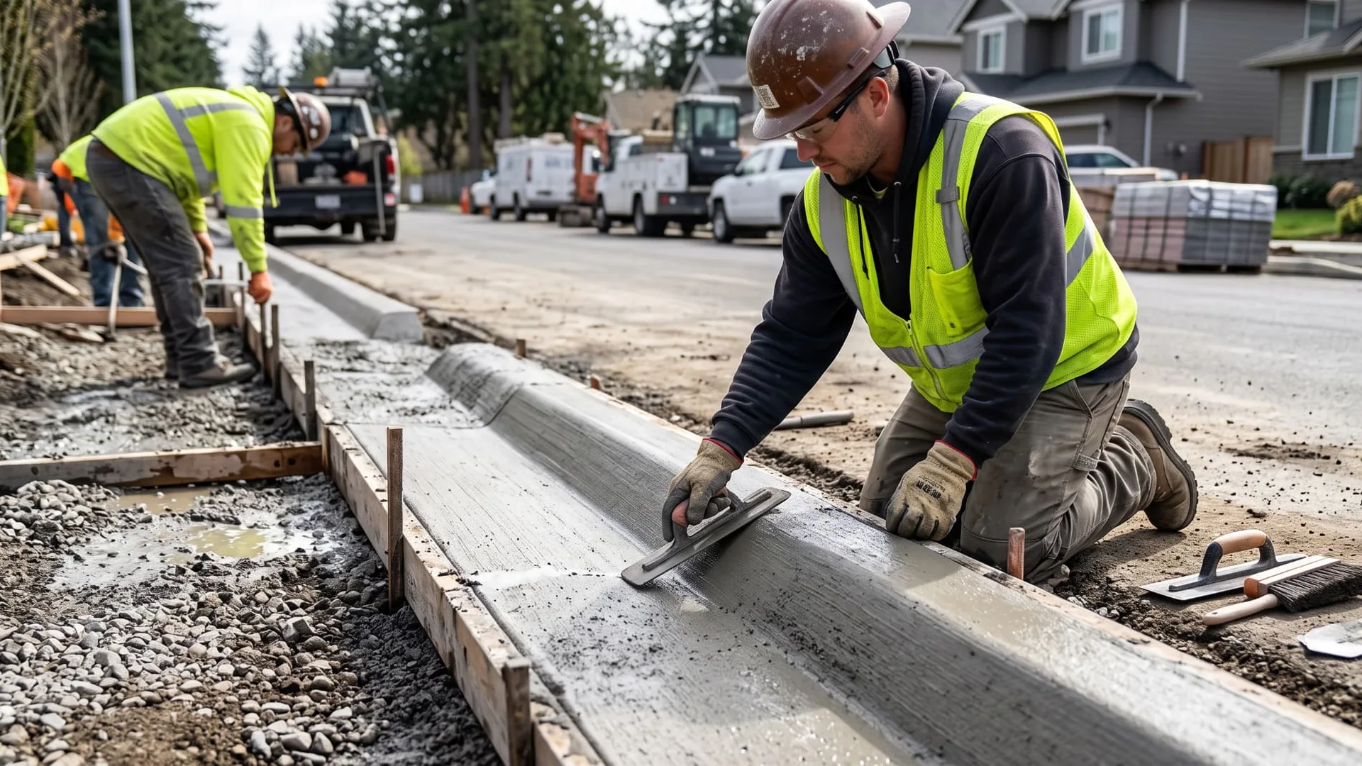 Machine-formed commercial concrete curb and gutter in Calgary