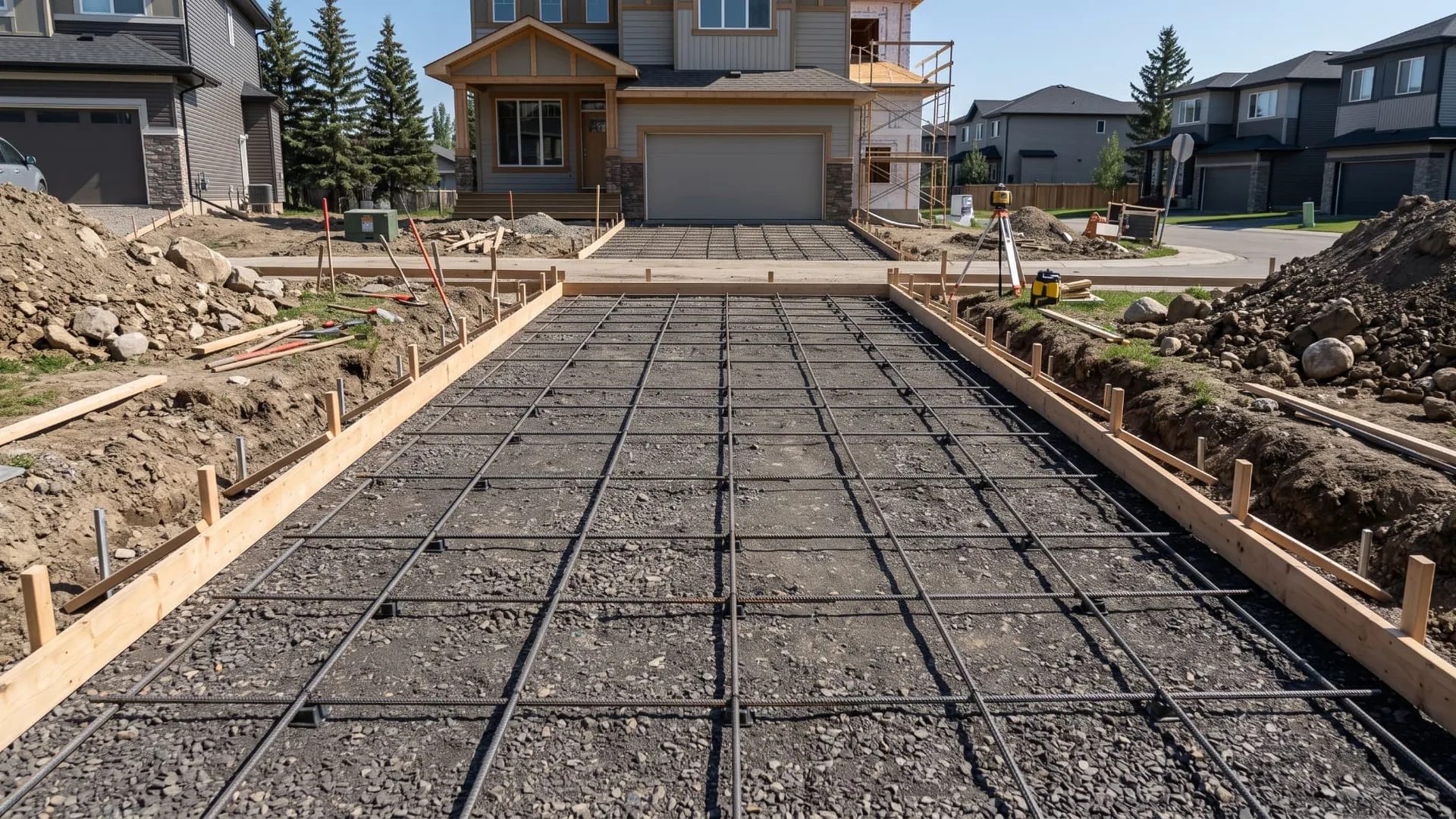 Driveway rebar grid reinforcement and formwork prep in Calgary