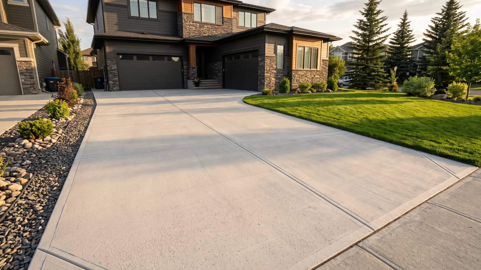 Finished residential curved concrete driveway with crisp joints in Calgary