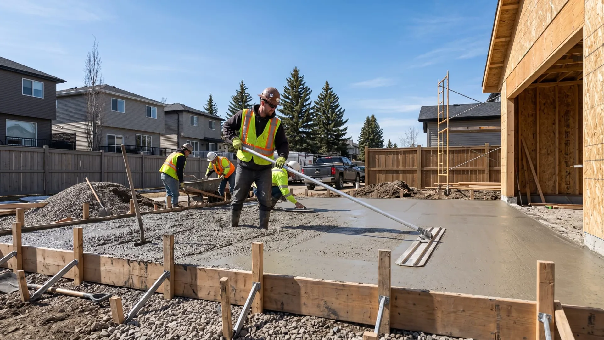AACWORKX crew finishing a reinforced concrete garage pad surface in Calgary