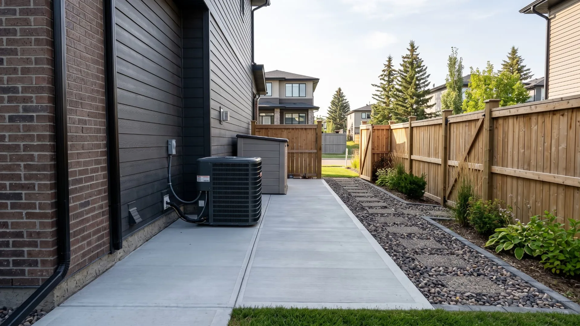 Exterior concrete utility pad and shed slab installation in Calgary