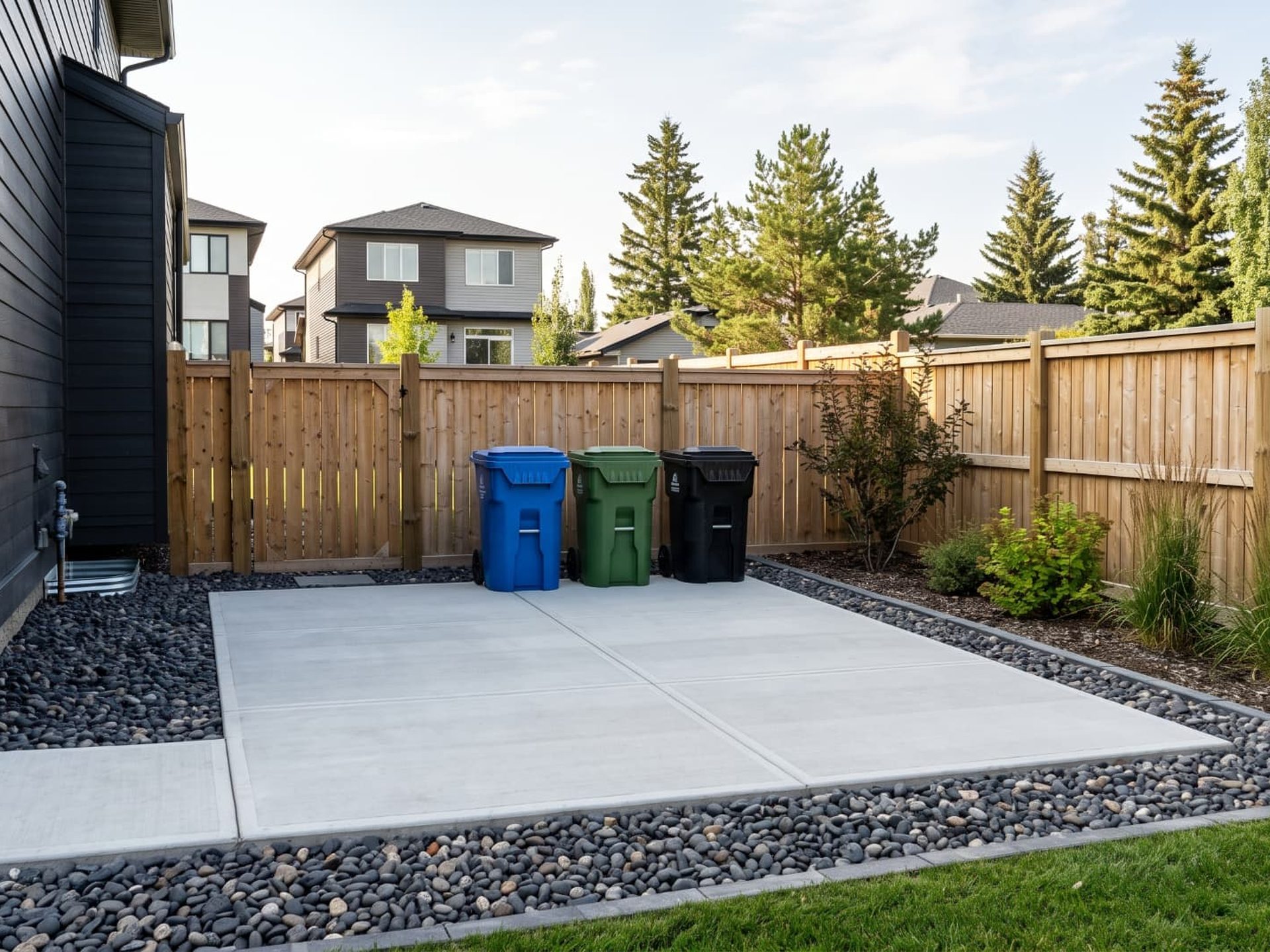 Concrete garbage bin pad and side-yard utility slab beside Calgary home