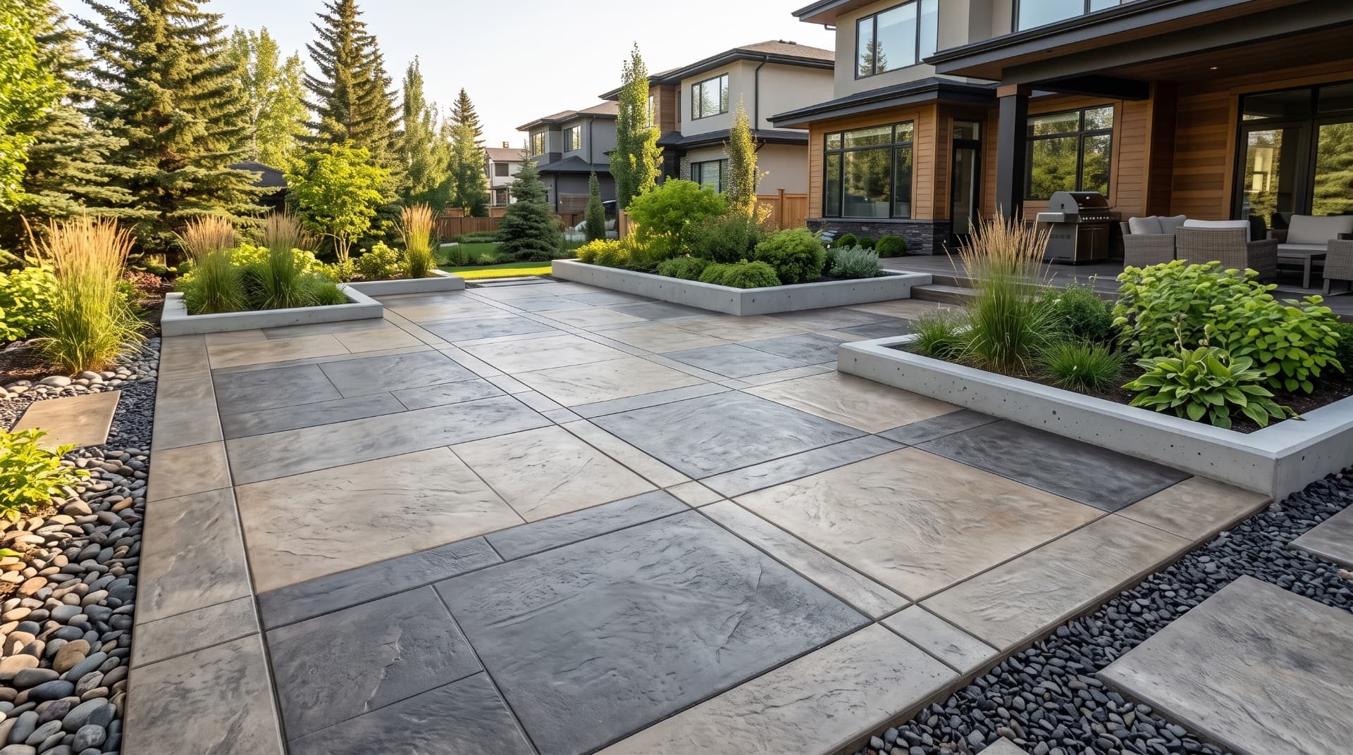 Calgary decorative stamped and exposed aggregate concrete courtyard patio — AACWORKX