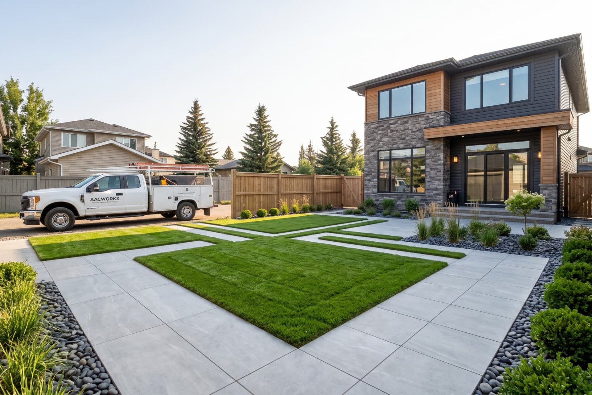 Calgary modern residential landscaping design with lawn and pavers — AACWORKX