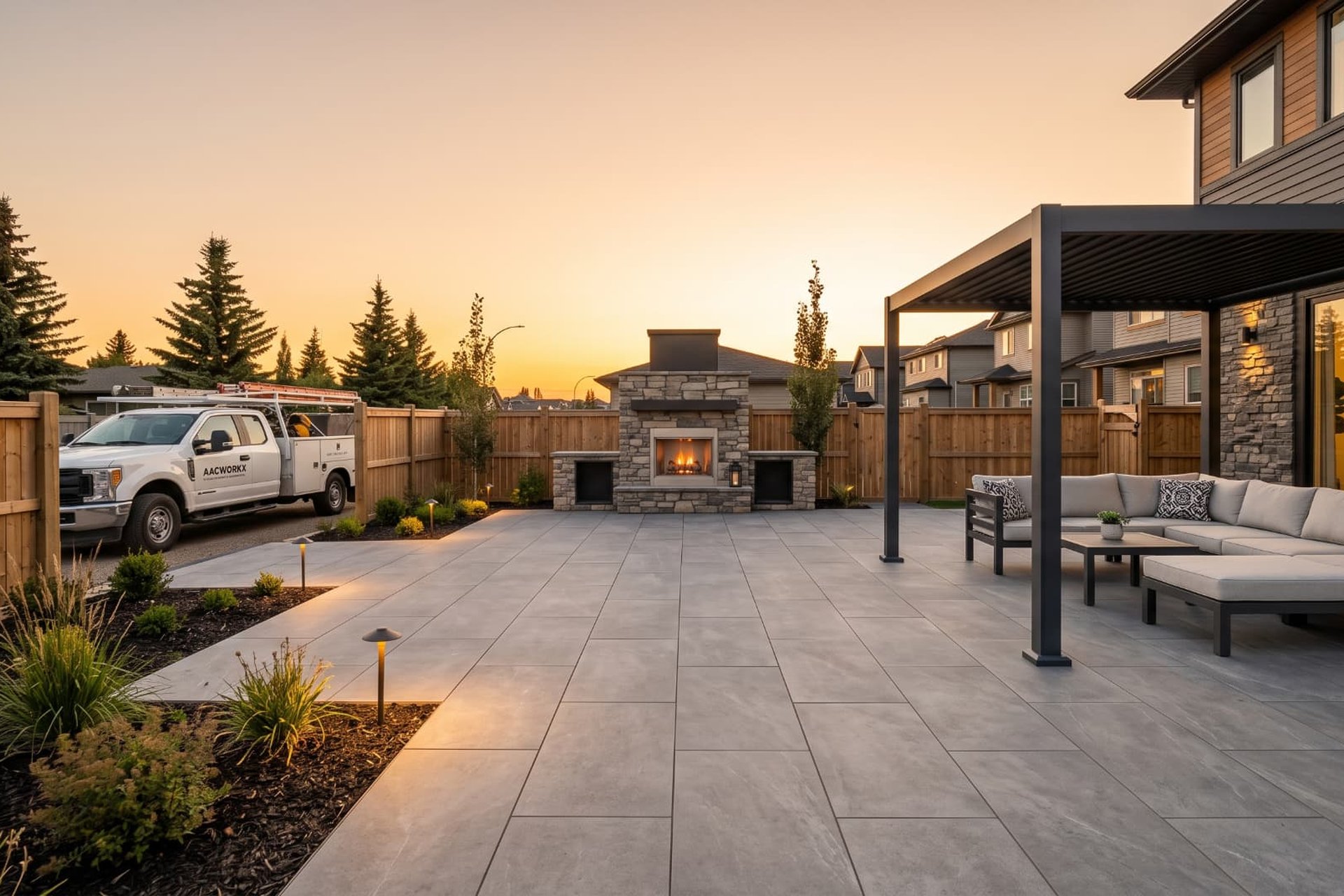 Calgary backyard paver and concrete patio design with outdoor fireplace — AACWORKX