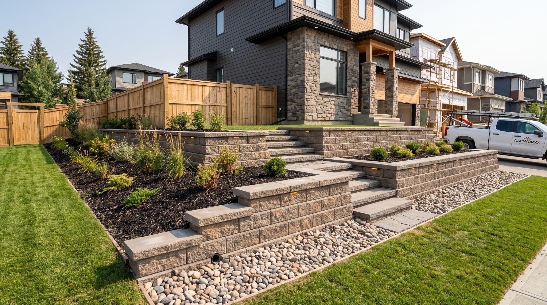 Tiered concrete and block retaining wall construction in Calgary — AACWORKX