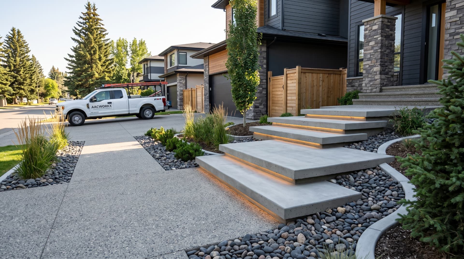 Modern concrete terraced front entry steps with LED lighting in Calgary — AACWORKX