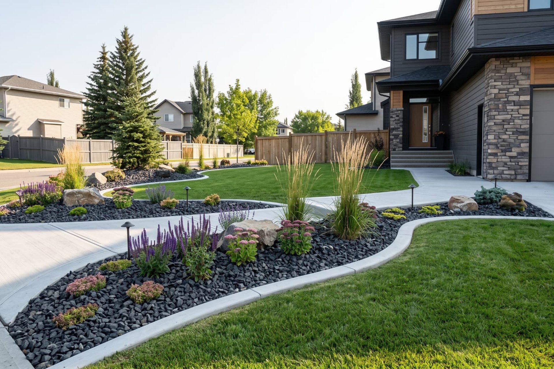 Calgary front yard landscaping with curved decorative rock beds and clean edging