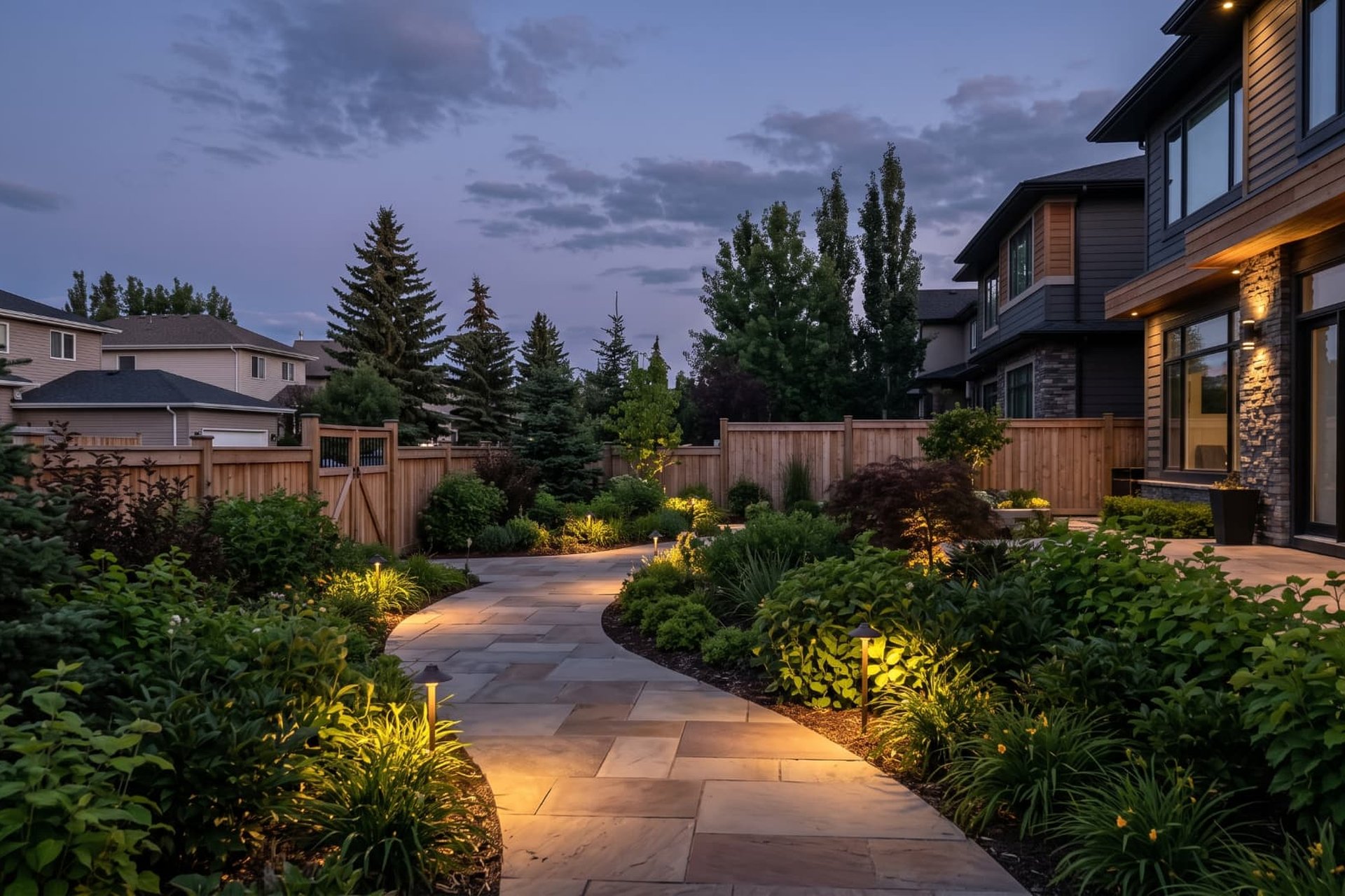 Flagstone garden path with low-maintenance planting and evening lighting in Calgary