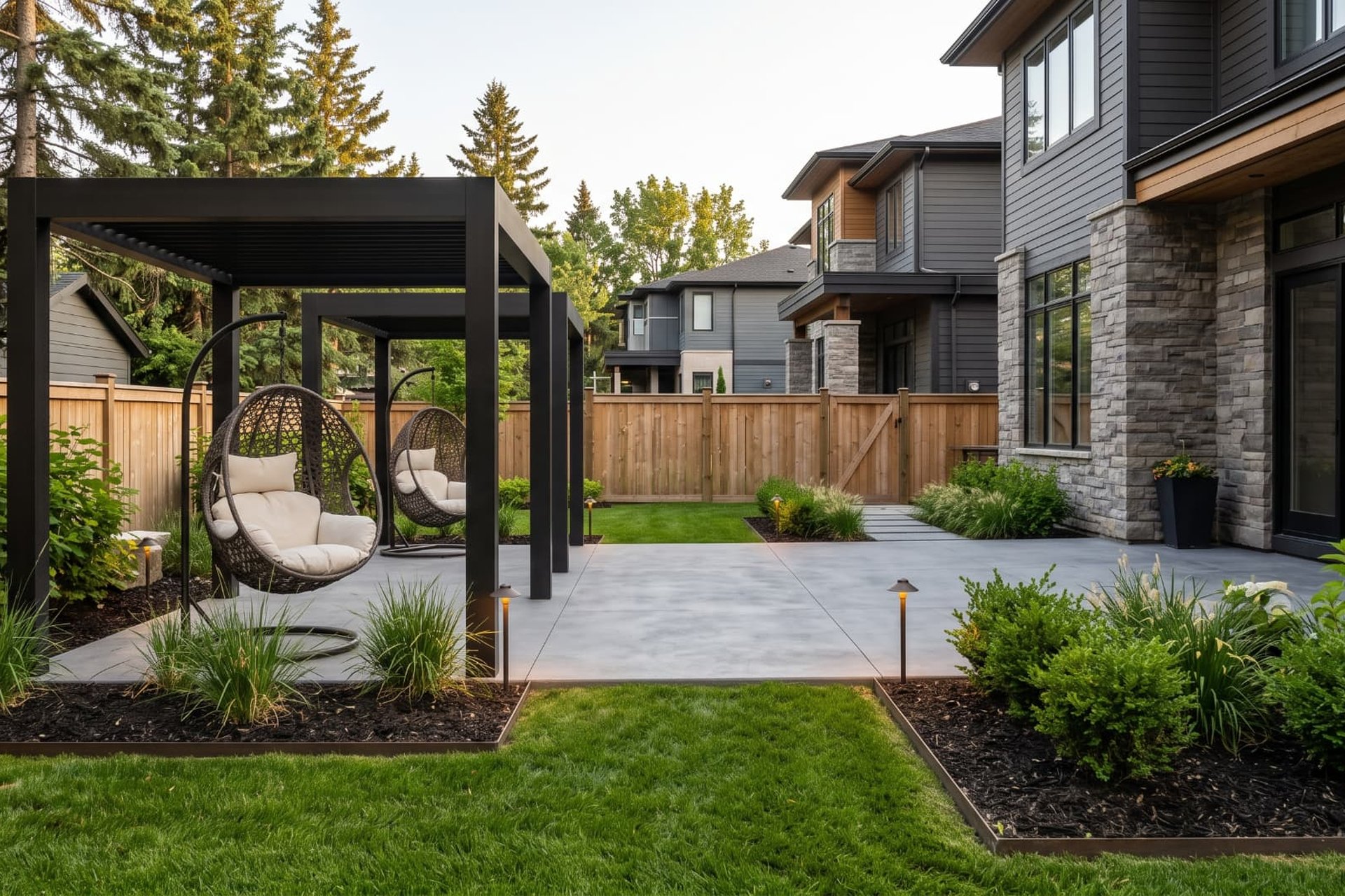 Modern backyard patio and custom landscape design in Calgary