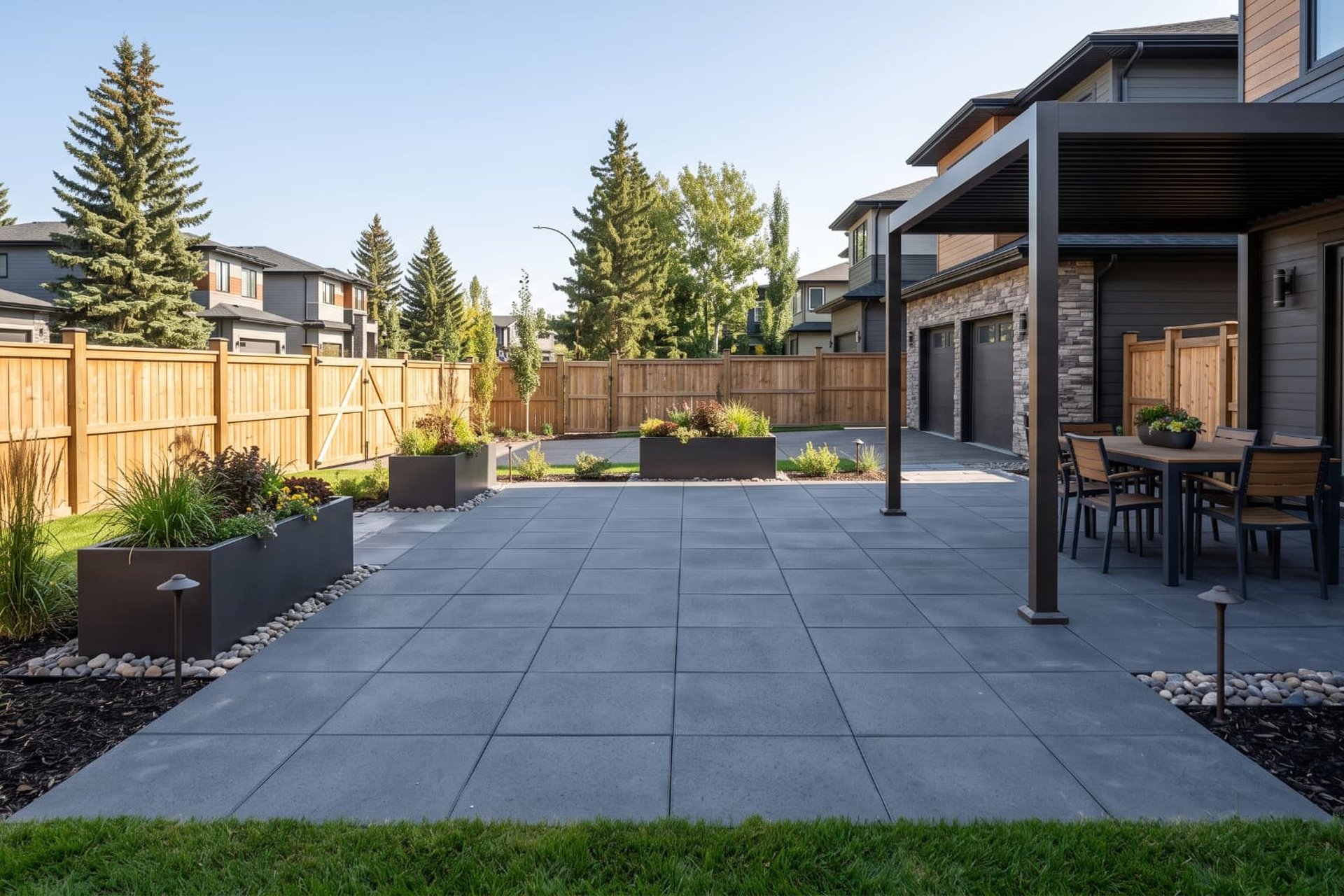 Custom charcoal paver patio installation under pergola in Calgary