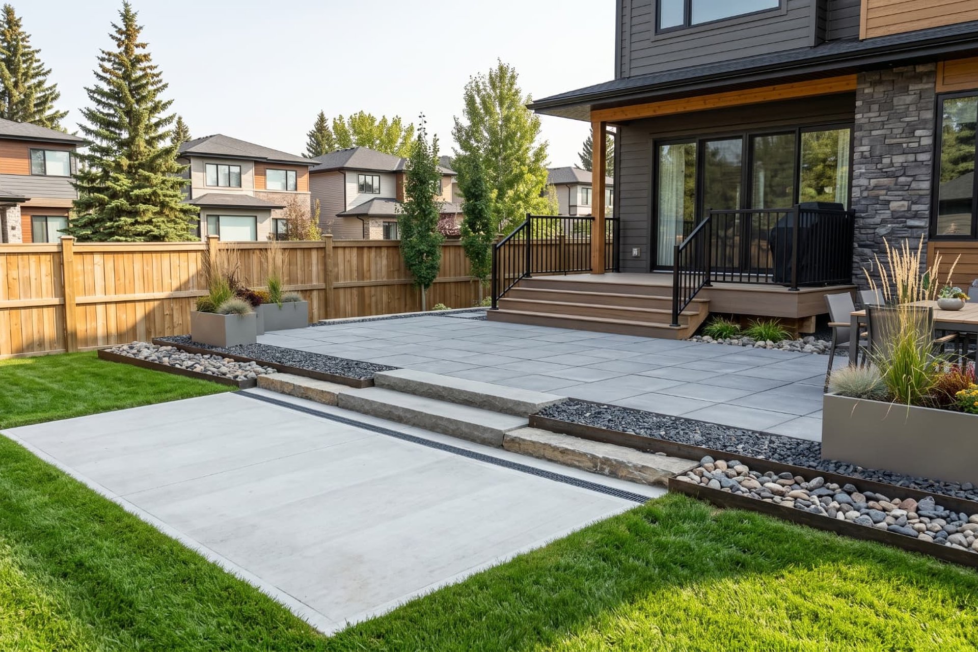 Modern backyard paver patio with clean geometry and border bands in Calgary