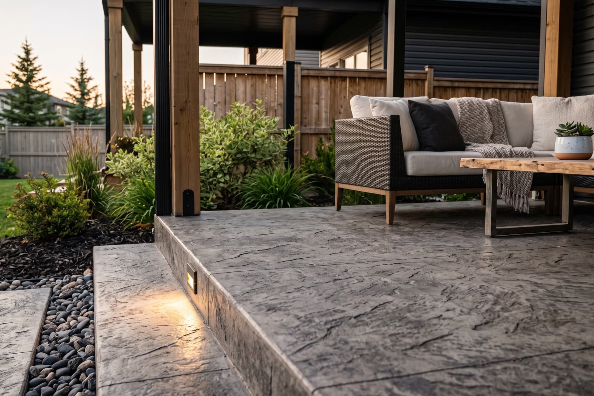Calgary stamped concrete patio and covered outdoor lounge at dusk