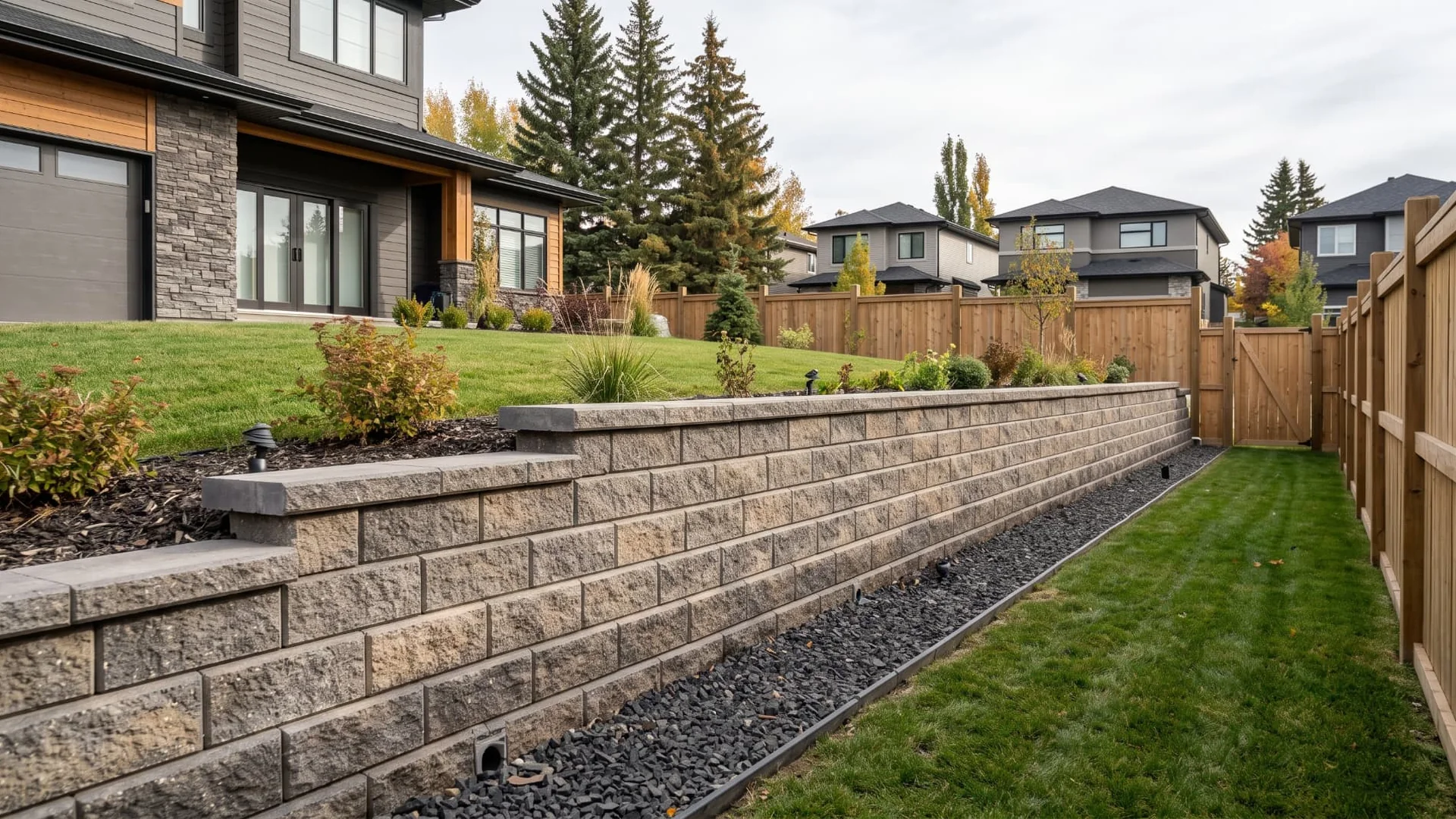 Segmental concrete block retaining wall installation in Calgary