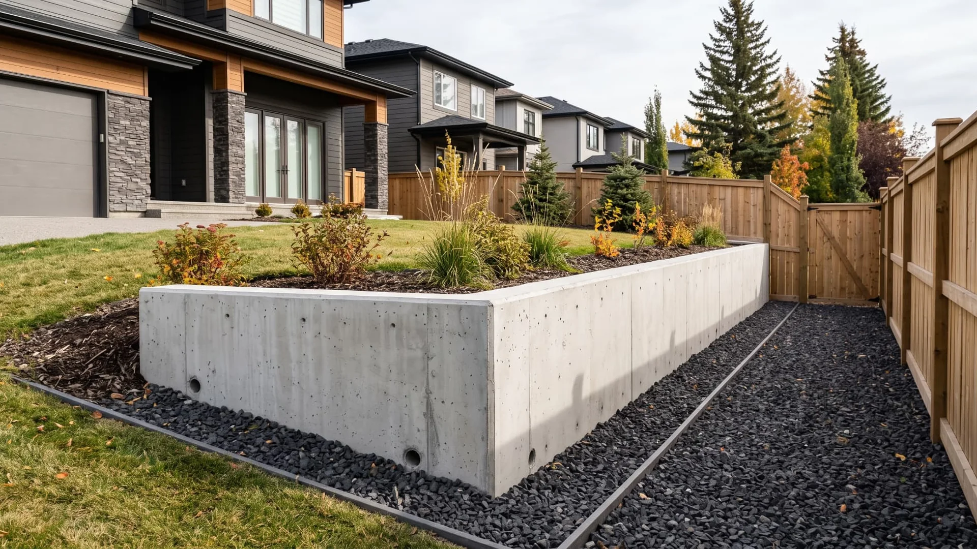Poured cast-in-place concrete retaining wall for slope stabilization in Calgary