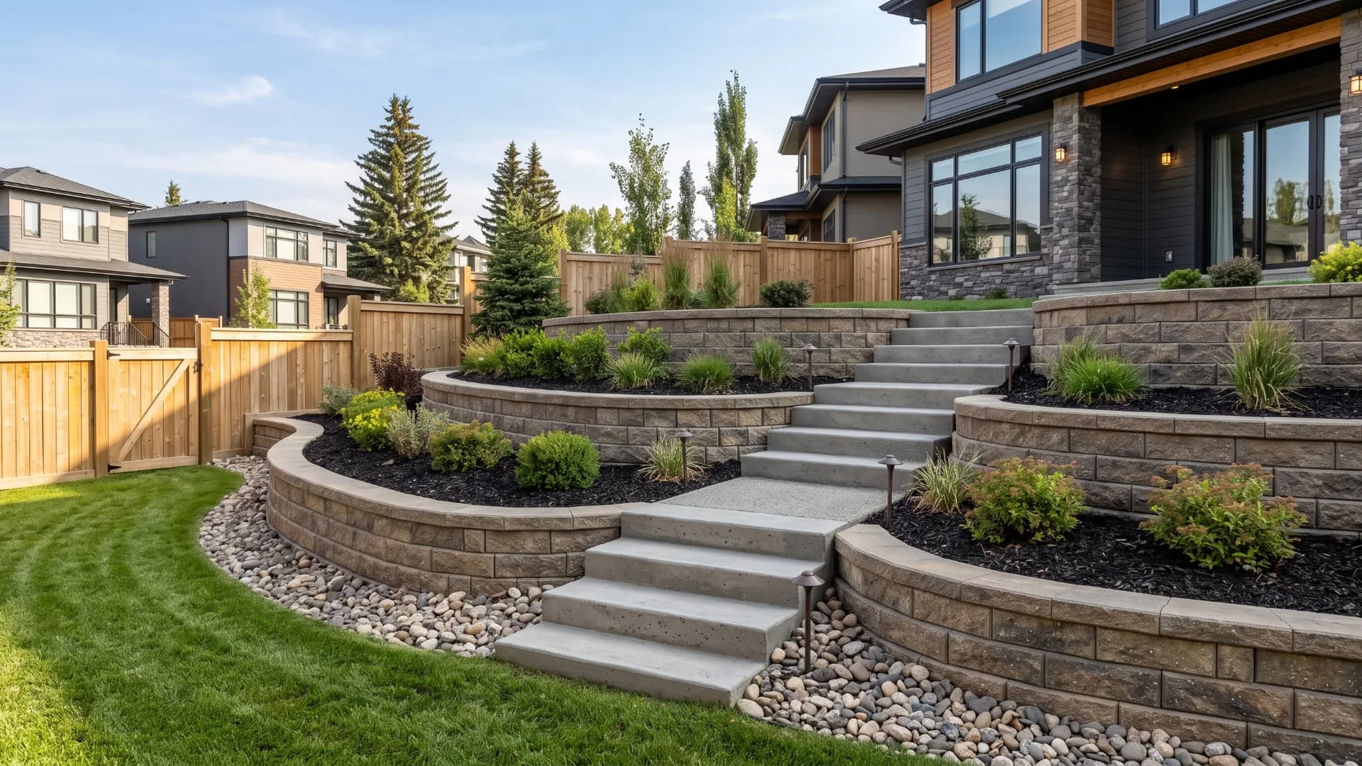 Integrated cast concrete steps and retaining wall system in Calgary
