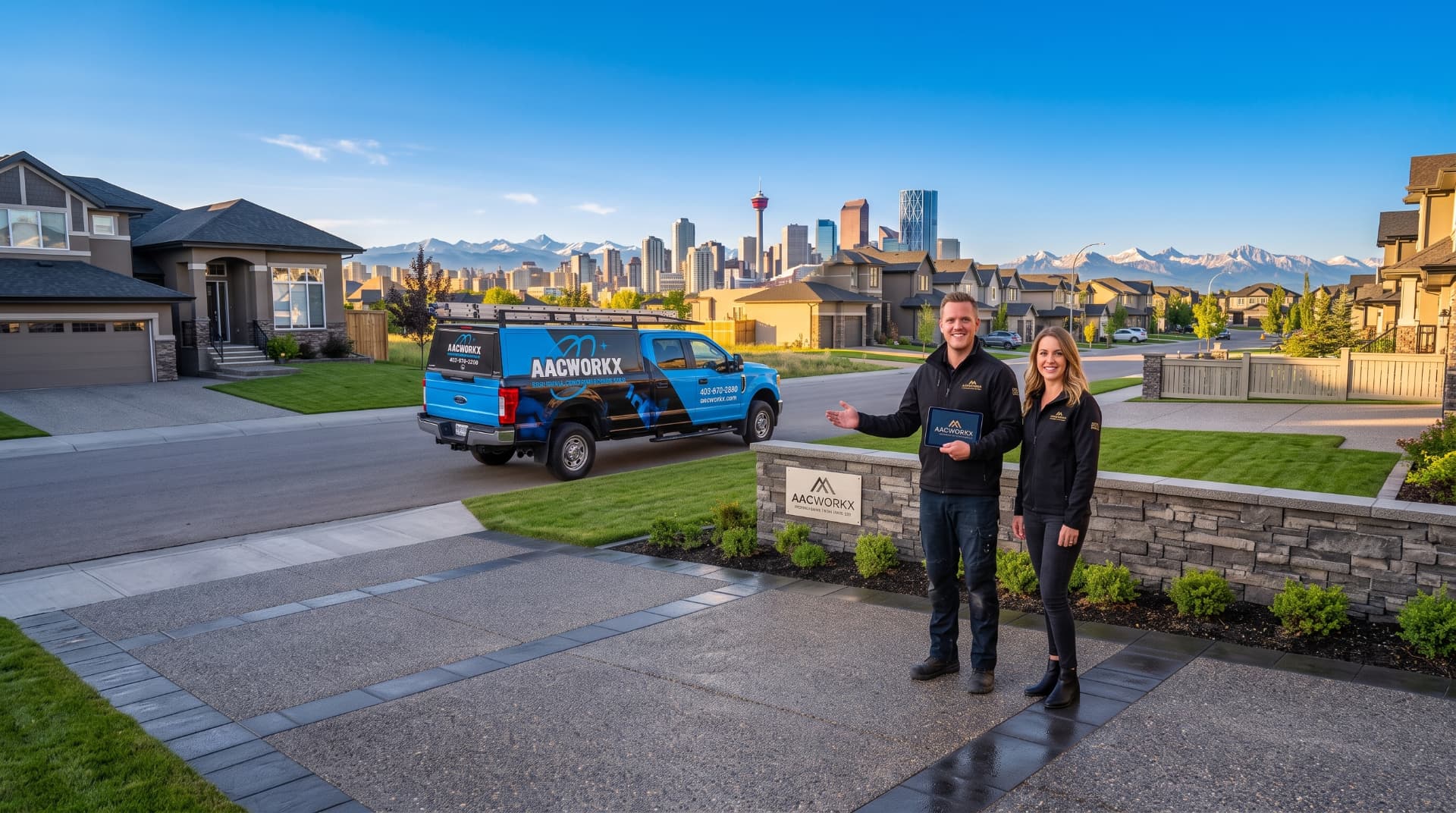 AACWORKX Calgary concrete contractor crew with branded company truck