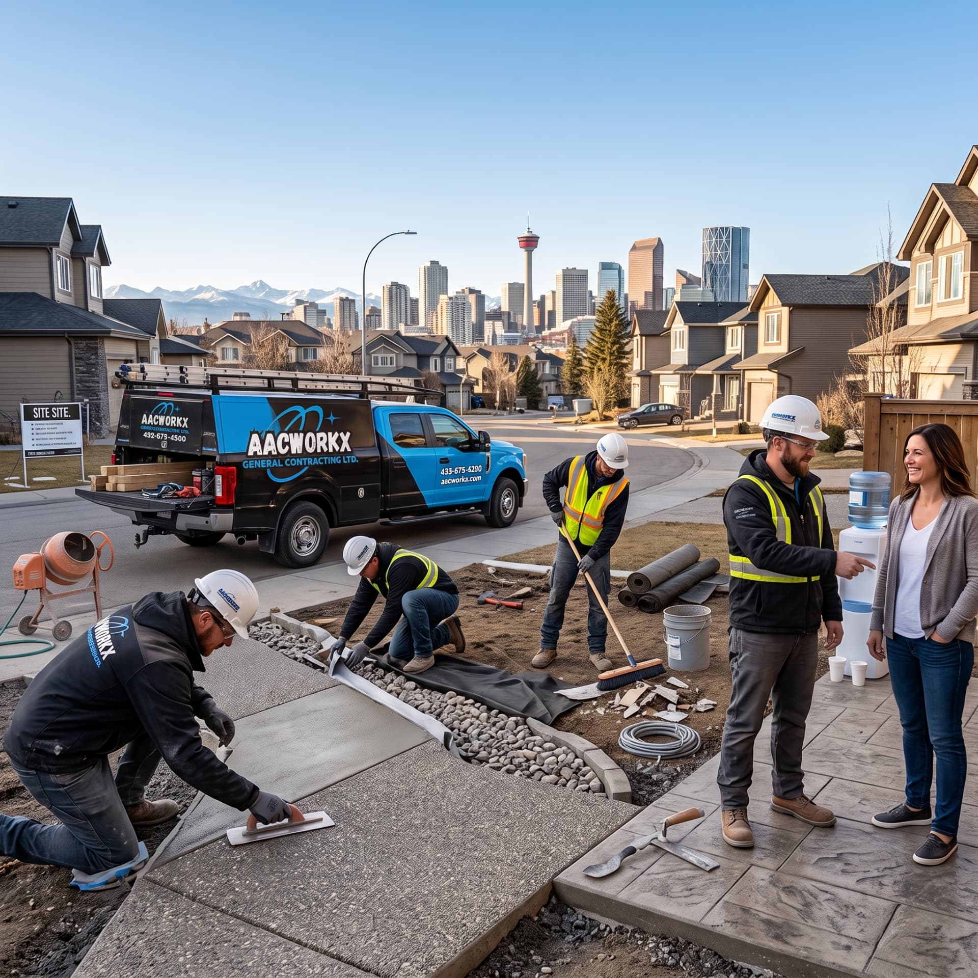 AACWORKX concrete finishing crew constructing an exposed aggregate walkway in Calgary