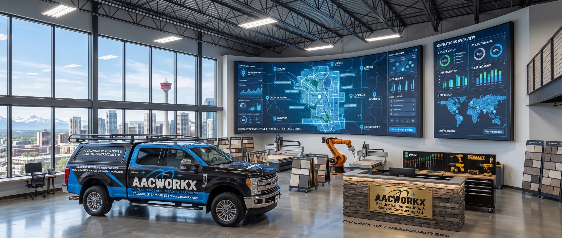 AACWORKX service areas map and crew serving Calgary, Airdrie, Cochrane, and Okotoks for concrete and landscaping