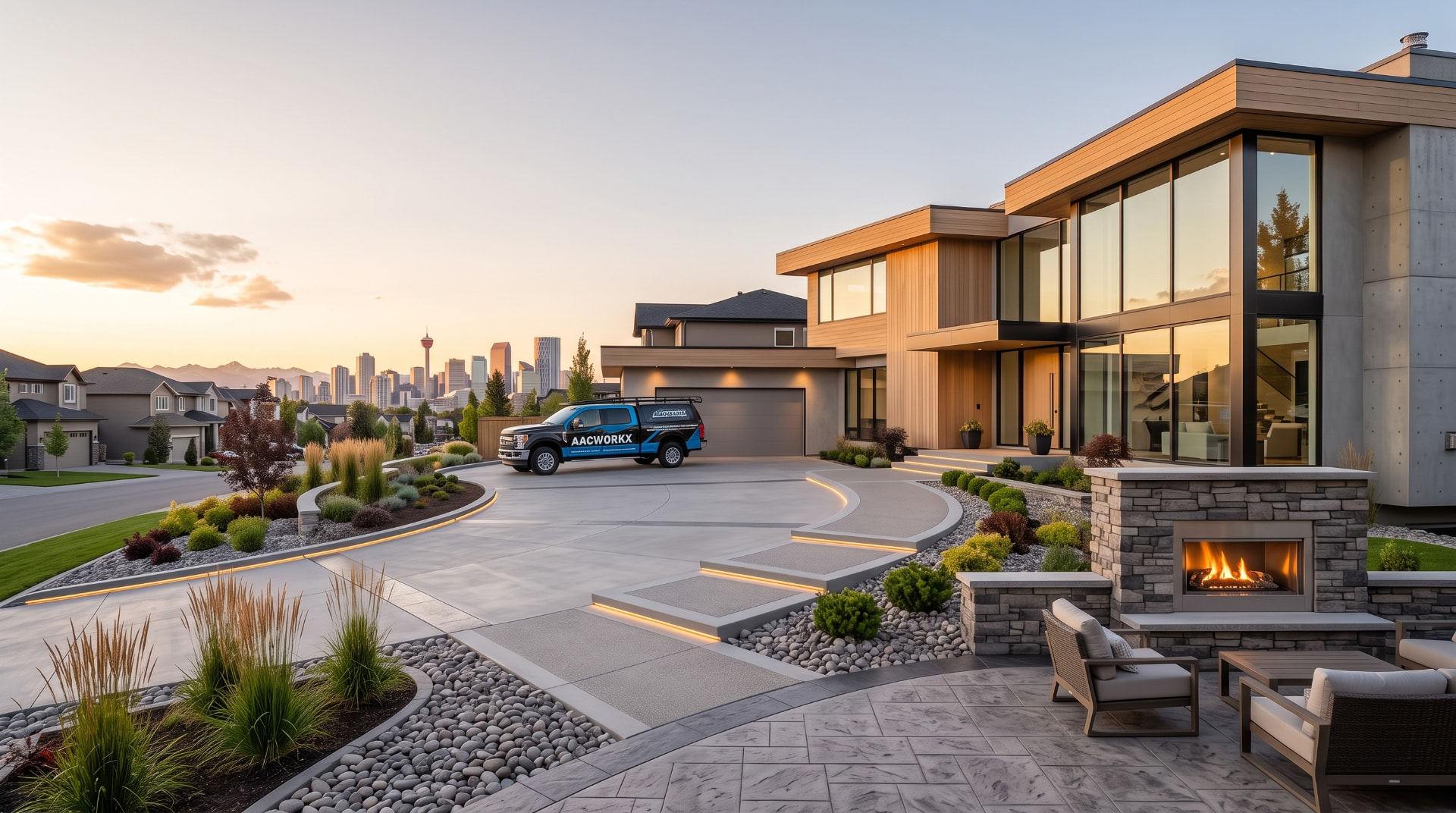 AACWORKX finished stamped concrete project on a curved driveway in Calgary