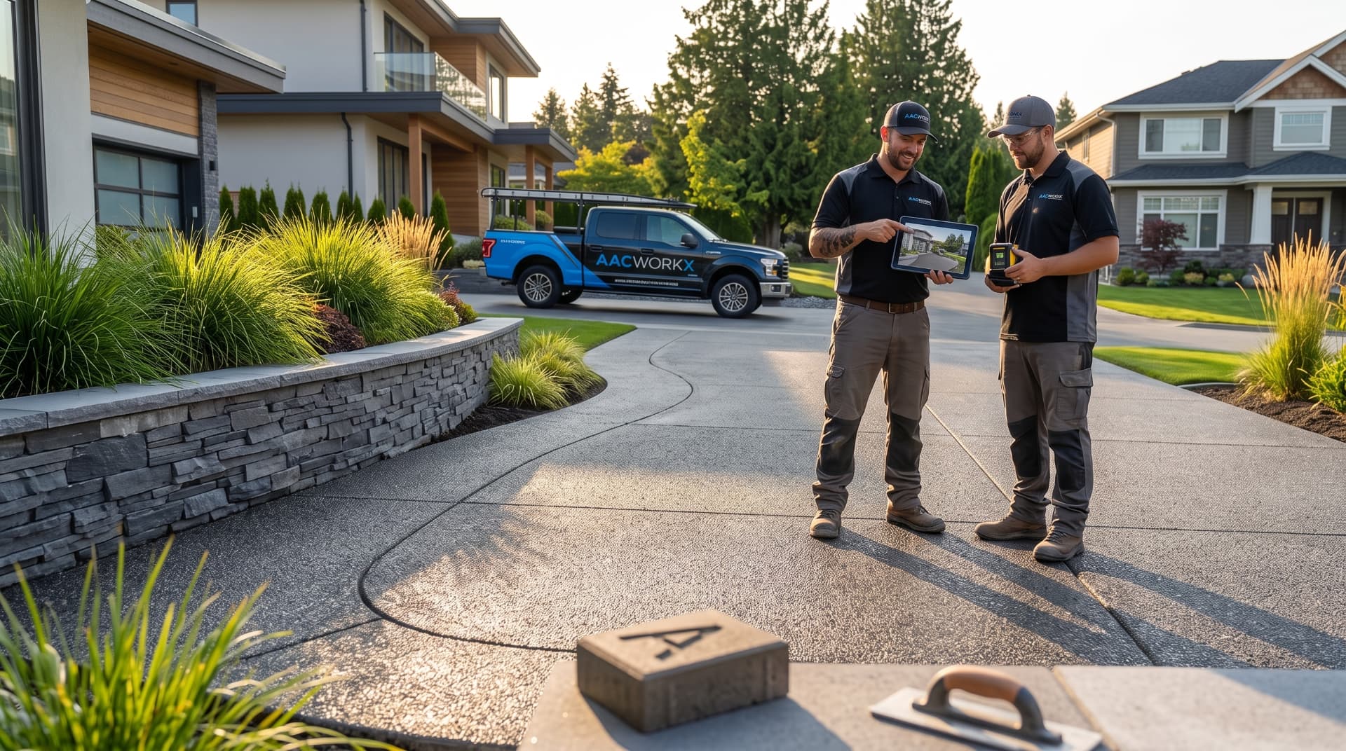 AACWORKX crew planning a stamped concrete driveway and landscaping service in Calgary